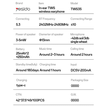Handsfree Bluetooth Yesido TWS35, TWS, Vit