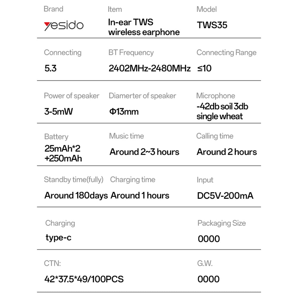Handsfree Bluetooth Yesido TWS35, TWS, Vit