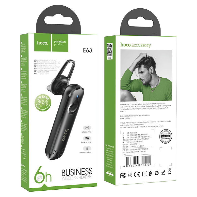 Bluetooth-handsfree HOCO E63 Diamond, A2DP, Svart