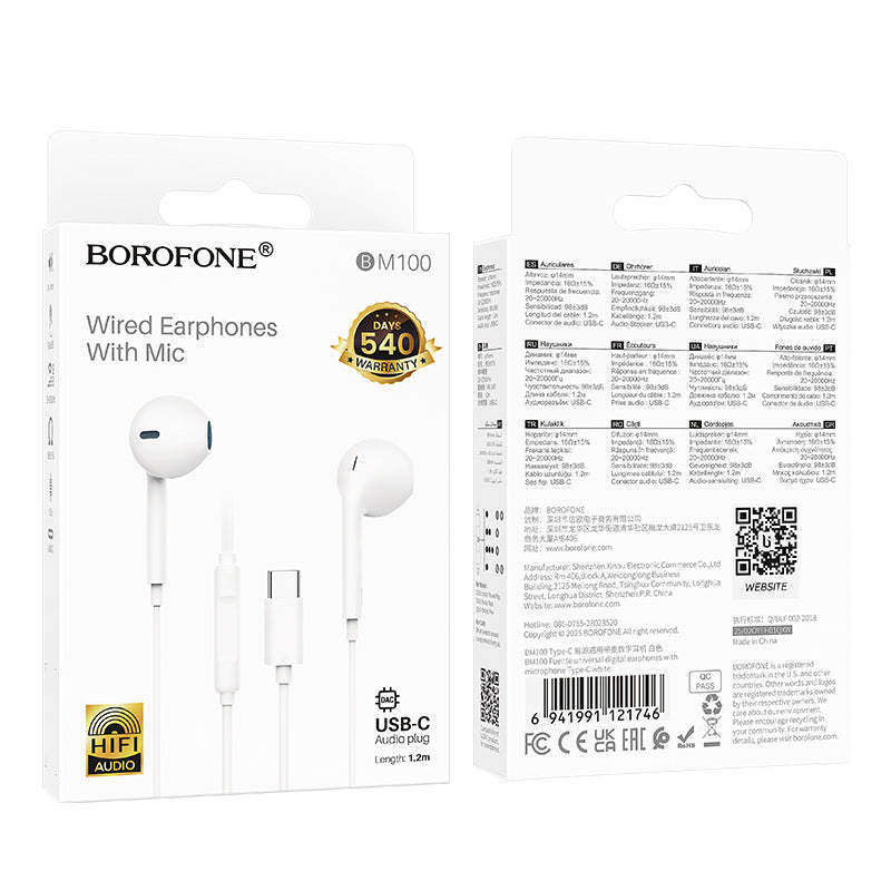 Handsfree USB-C Borofone BM100 Fuente, Vit