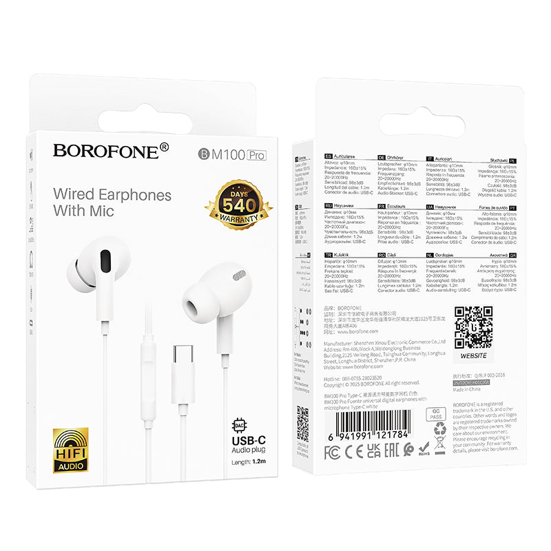 Handsfree USB-C Borofone BM100 Pro Fuente, Vit