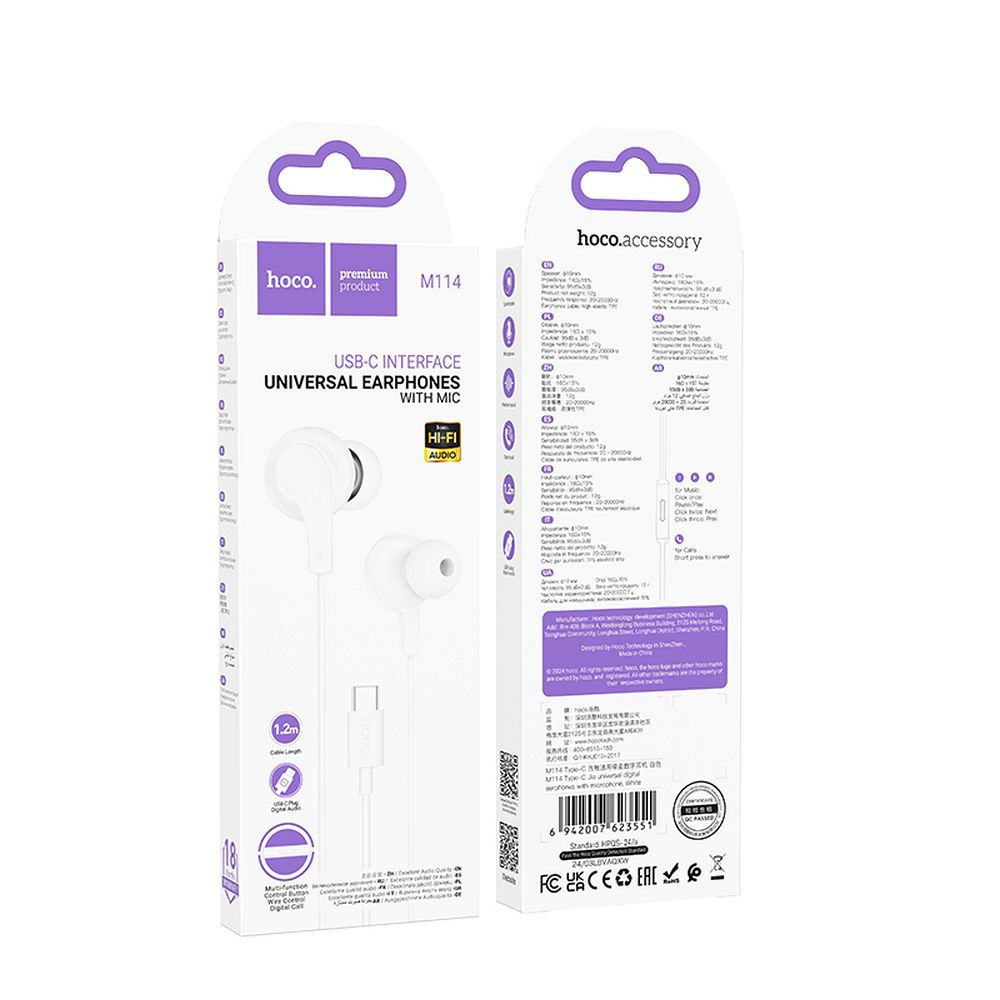 Handsfree USB-C HOCO M114, Vit