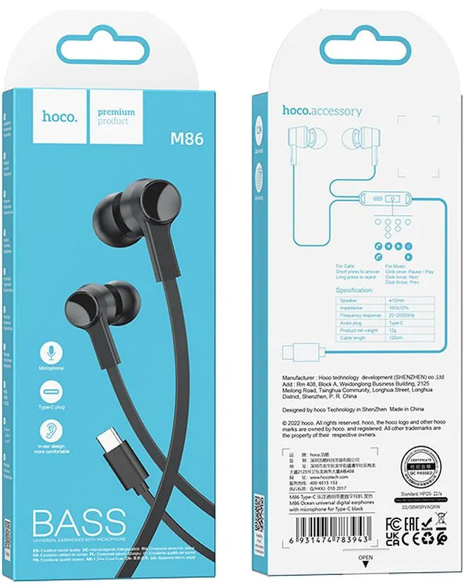 Handsfree USB-C HOCO M86, Svart