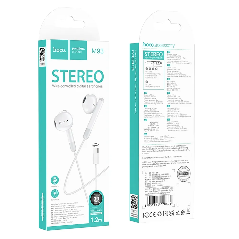 Handsfree USB-C HOCO M93, vit