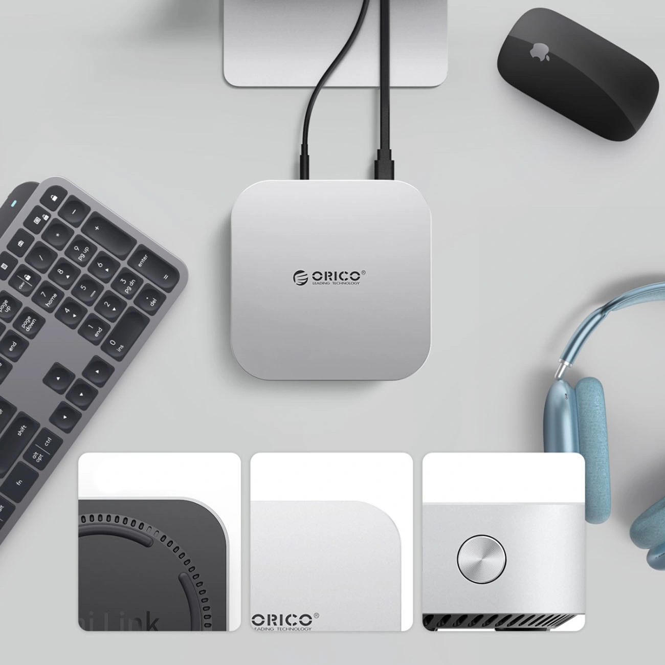 Orico MiniLink M49P Multifunktionell Hub för Apple Mac Mini M4, 9in1, Silver