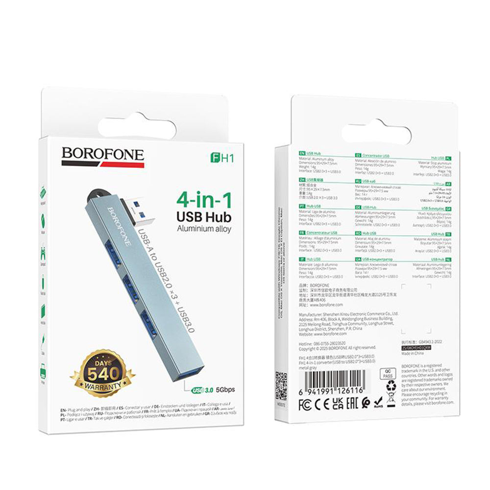 USB-hubb Borofone FH1, 4-i-1, Grå