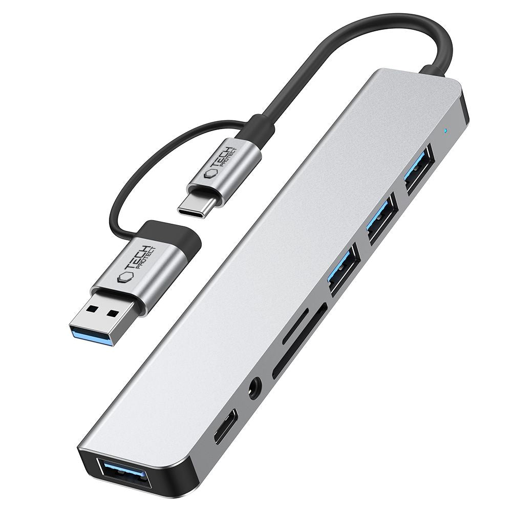 Hub USB / USB-C Tech-Protect HB06, 2 x USB-A 3.0 - 2 x USB-A - 1 x USB-C - 1 x Jack 3.5mm - 1 x SD - 1 x microSD, Grå