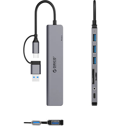 USB-hubb / USB-C Orico YSA8-U3, 1 x USB-A 3.0 - 3 x USB-A - 1 x USB-C - 1 x Jack 3.5mm - 1 x SD - 1 x microSD, Svart