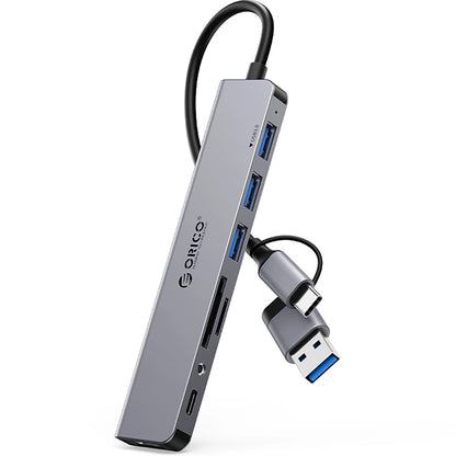 USB-hubb / USB-C Orico YSA8-U3, 1 x USB-A 3.0 - 3 x USB-A - 1 x USB-C - 1 x Jack 3.5mm - 1 x SD - 1 x microSD, Svart
