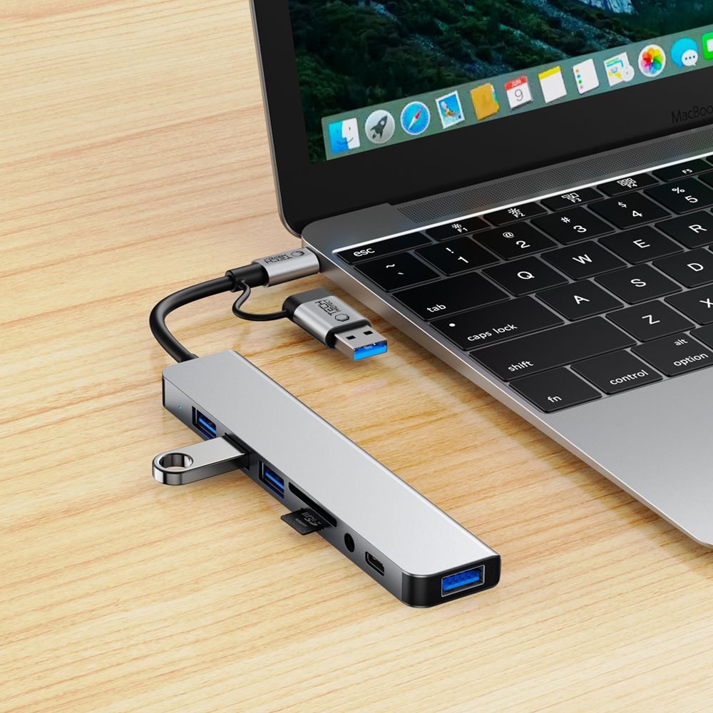 Hub USB / USB-C Tech-Protect HB06, 2 x USB-A 3.0 - 2 x USB-A - 1 x USB-C - 1 x Jack 3.5mm - 1 x SD - 1 x microSD, Grå