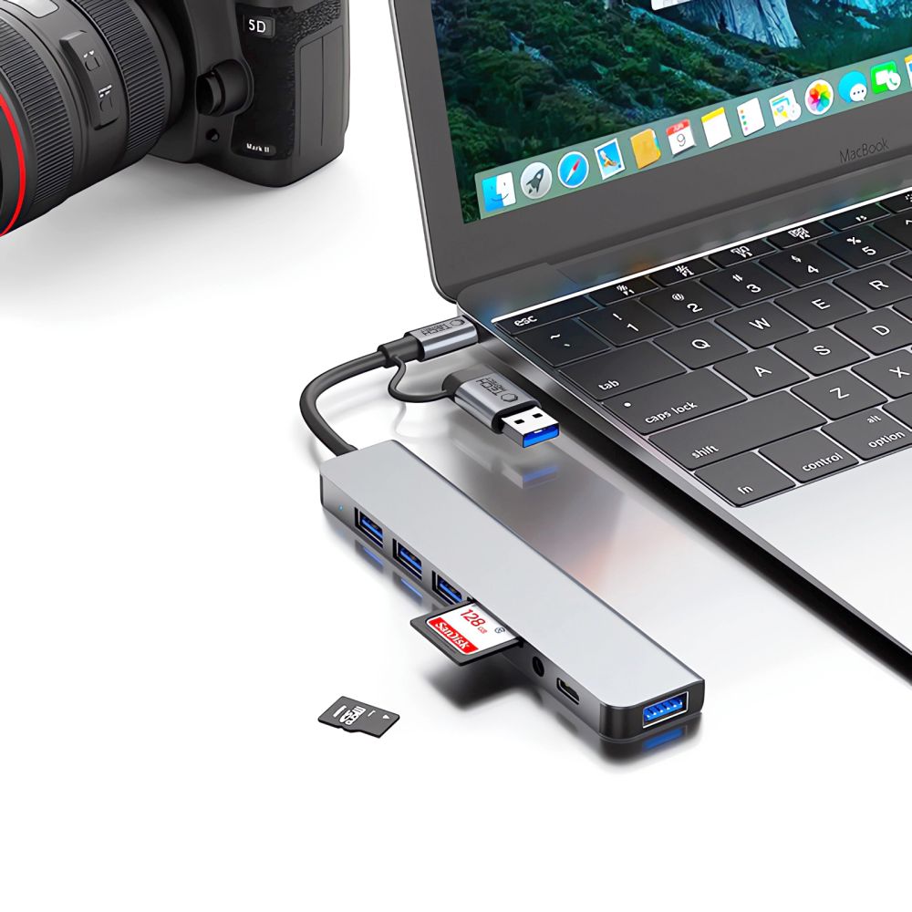 Hub USB / USB-C Tech-Protect HB06, 2 x USB-A 3.0 - 2 x USB-A - 1 x USB-C - 1 x Jack 3.5mm - 1 x SD - 1 x microSD, Grå