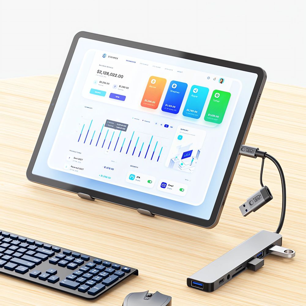 Hub USB / USB-C Tech-Protect HB06, 2 x USB-A 3.0 - 2 x USB-A - 1 x USB-C - 1 x Jack 3.5mm - 1 x SD - 1 x microSD, Grå