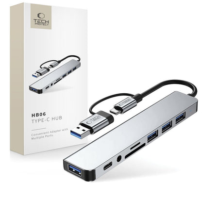 Hub USB / USB-C Tech-Protect HB06, 2 x USB-A 3.0 - 2 x USB-A - 1 x USB-C - 1 x Jack 3.5mm - 1 x SD - 1 x microSD, Grå