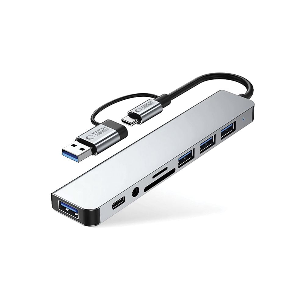 Hub USB / USB-C Tech-Protect HB06, 2 x USB-A 3.0 - 2 x USB-A - 1 x USB-C - 1 x Jack 3.5mm - 1 x SD - 1 x microSD, Grå