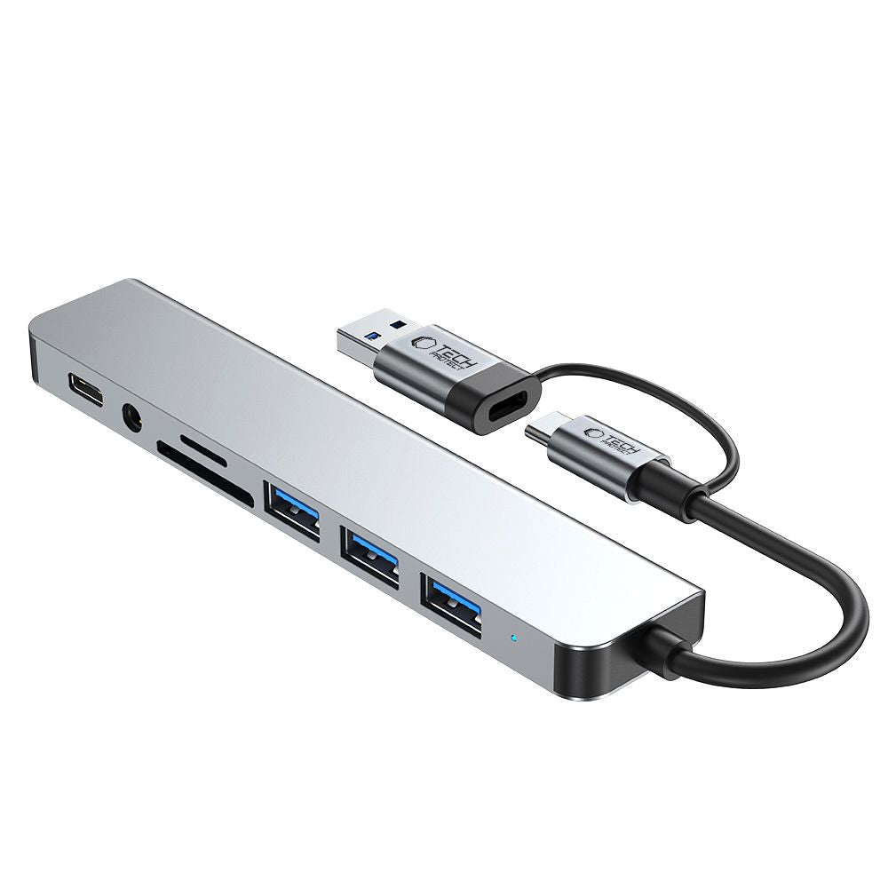 Hub USB / USB-C Tech-Protect HB06, 2 x USB-A 3.0 - 2 x USB-A - 1 x USB-C - 1 x Jack 3.5mm - 1 x SD - 1 x microSD, Grå