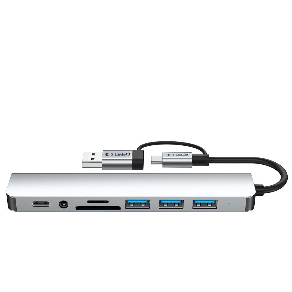 Hub USB / USB-C Tech-Protect HB06, 2 x USB-A 3.0 - 2 x USB-A - 1 x USB-C - 1 x Jack 3.5mm - 1 x SD - 1 x microSD, Grå