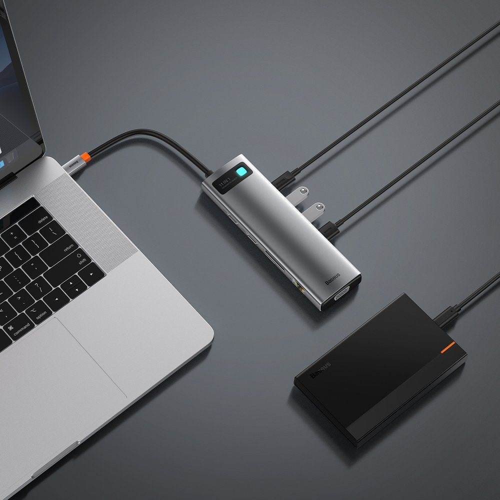 Hub USB-C Baseus Metal Gleam, 3 x USB-A 3.0 - 1 x USB-C - 2 x HDMI - 1 x VGA - 1 x Jack 3.5mm - 1 x RJ45 - 1 x SD - 1 x microSD, Grå CAHUB-CT0G