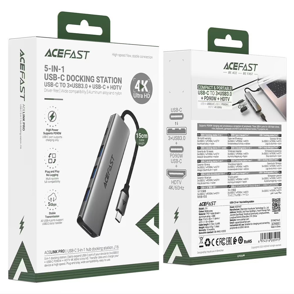 USB-C-hubb Acefast J16, 5-i-1, Grå
