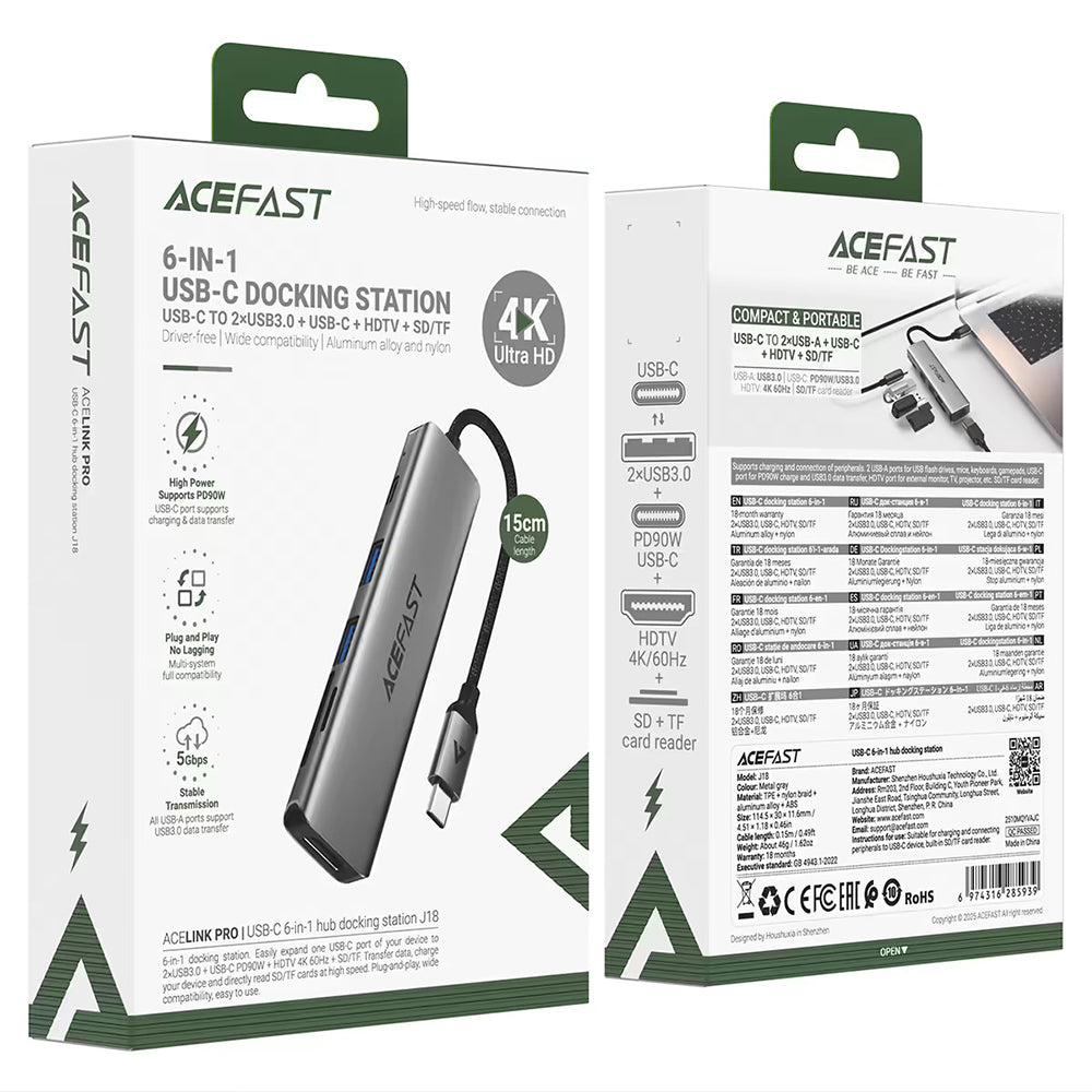 USB-C-hubb Acefast J18, 6-i-1, Grå