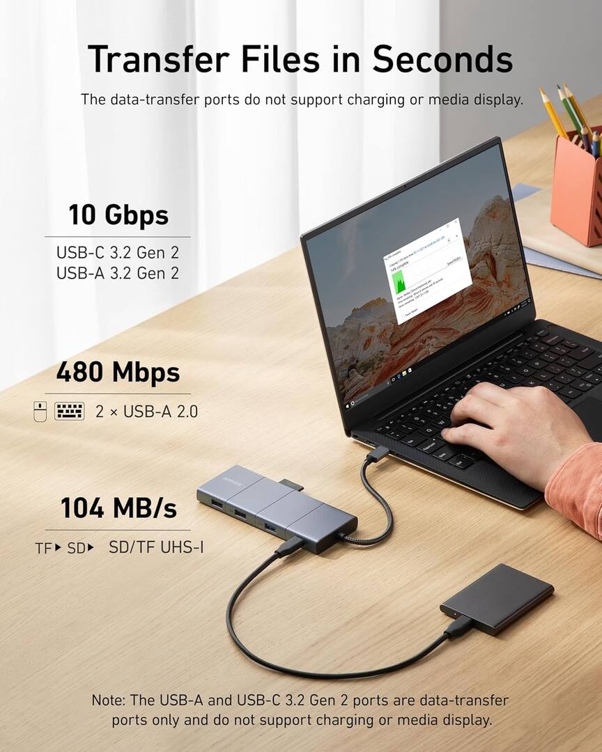 USB-C-hubb Anker PowerExpand, 1 x USB-A 3.2 - 2 x USB-A - 2 x USB-C - 1 x DisplayPort - 1 x HDMI - 1 x 3,5 mm jack - 1 x RJ45 - 1 x SD - 1 x microSD, Grå