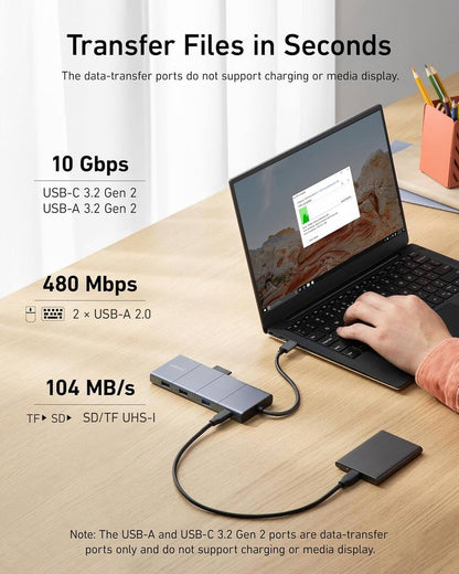 USB-C-hubb Anker PowerExpand, 1 x USB-A 3.2 - 2 x USB-A - 2 x USB-C - 1 x DisplayPort - 1 x HDMI - 1 x 3,5 mm jack - 1 x RJ45 - 1 x SD - 1 x microSD, Grå
