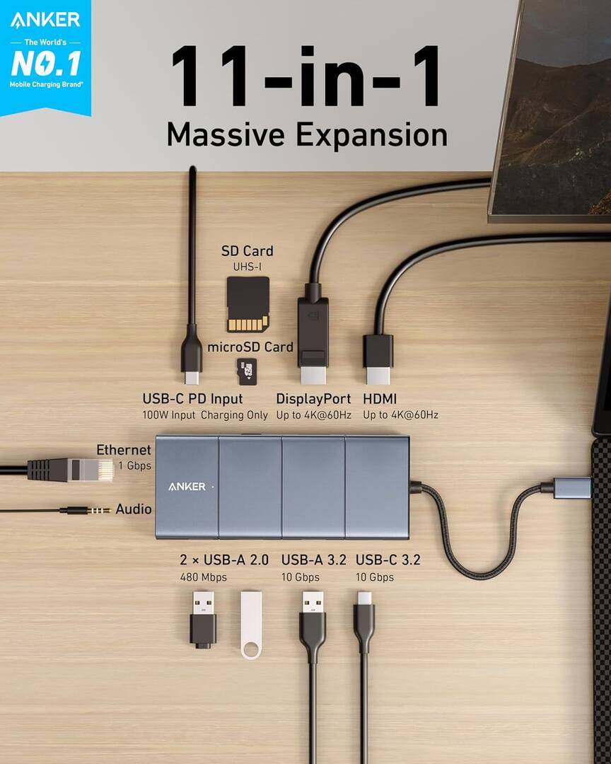 USB-C-hubb Anker PowerExpand, 1 x USB-A 3.2 - 2 x USB-A - 2 x USB-C - 1 x DisplayPort - 1 x HDMI - 1 x 3,5 mm jack - 1 x RJ45 - 1 x SD - 1 x microSD, Grå