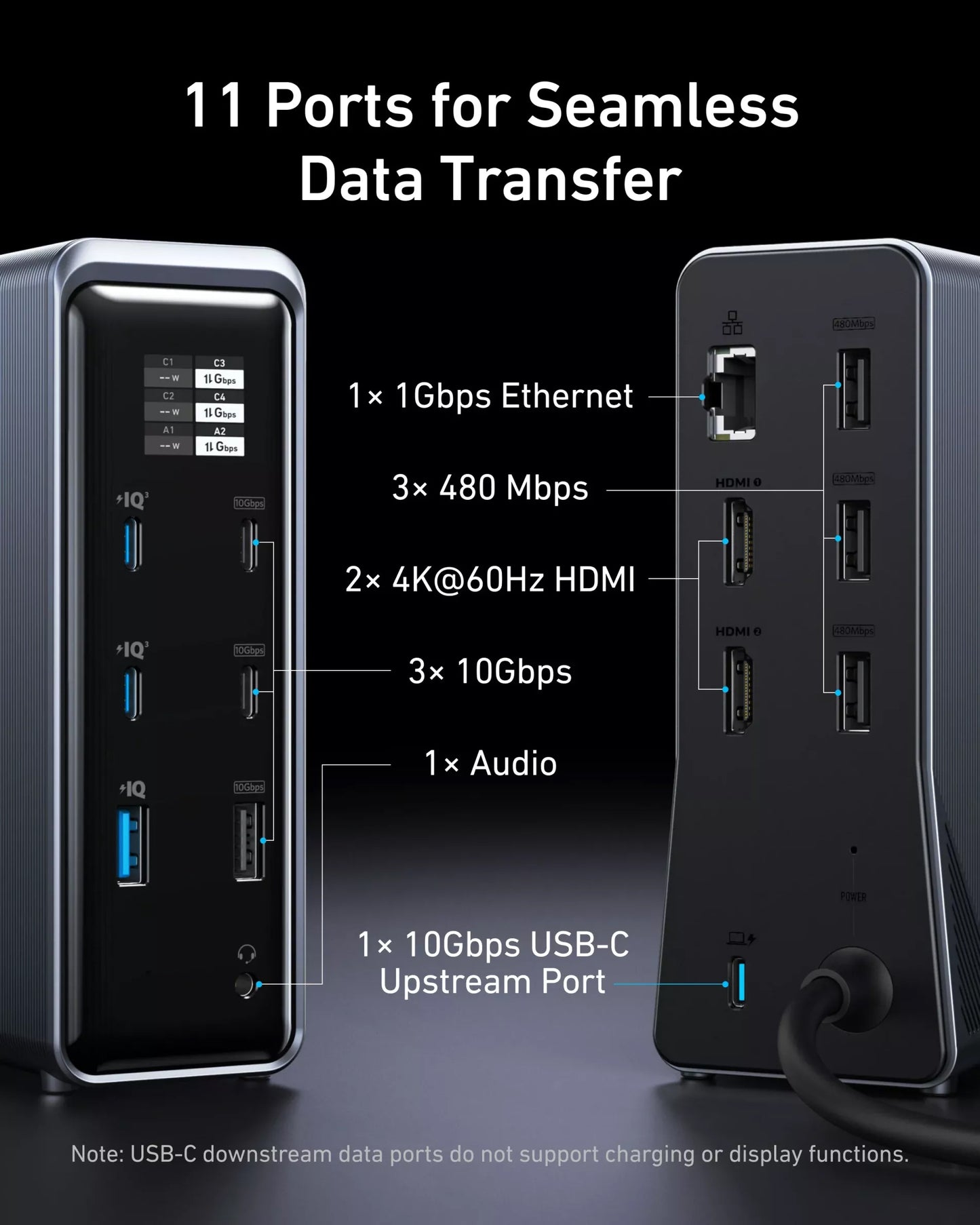 Multifunktionell Anker Prime 737-hubb, 2 x USB-A 3.0 - 3 x USB-A - 5 x USB-C - 2 x HDMI - 1 x Jack 3.5mm - 1 x RJ45, Svart A83B63A1