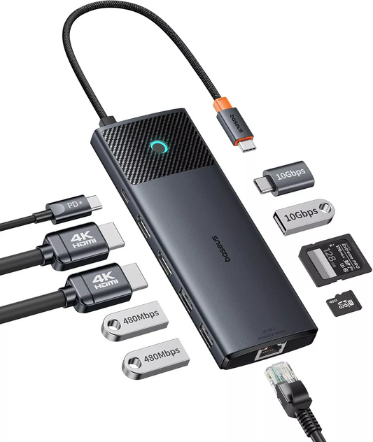 Hub USB-C Baseus Dual Display, 1 x USB-A 3.0 - 2 x USB-A - 2 x USB-C - 2 x HDMI - 1 x RJ45 - 1 x SD - 1 x microSD, Svart B00061800123-01