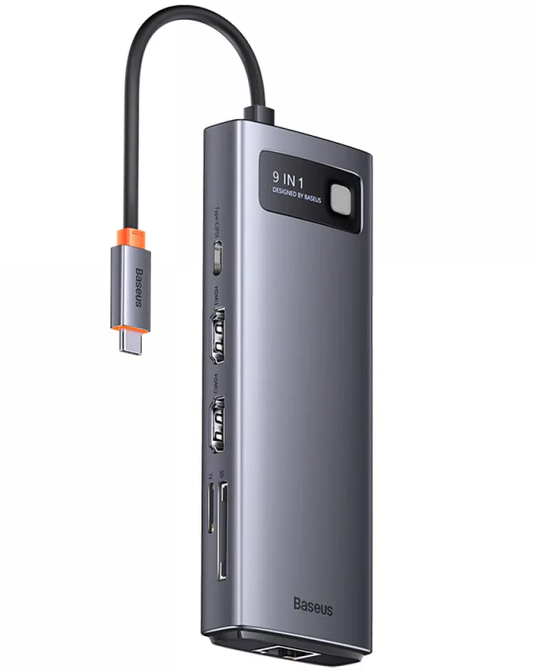 USB-C-hubb Baseus Joystar, 2 x USB-A 3.2 - 1 x USB-A - 1 x USB-C - 2 x HDMI - 1 x RJ45 - 1 x SD - 1 x microSD, Grå WKWG060013