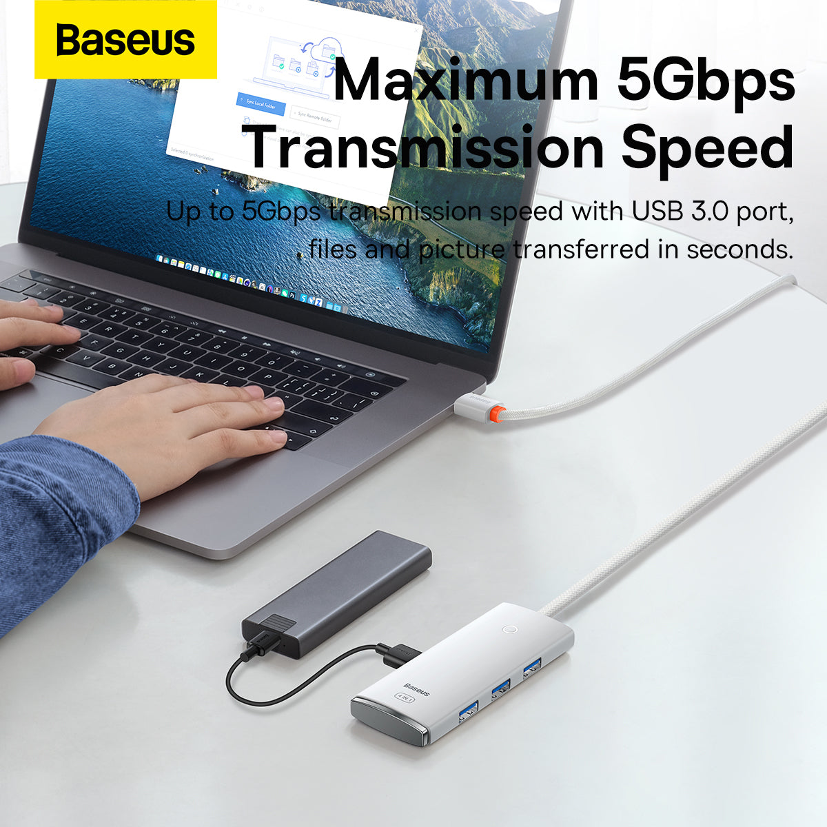 USB-C-hubb från Baseus Lite, 4 x USB-A 3.2, 2m, Vit