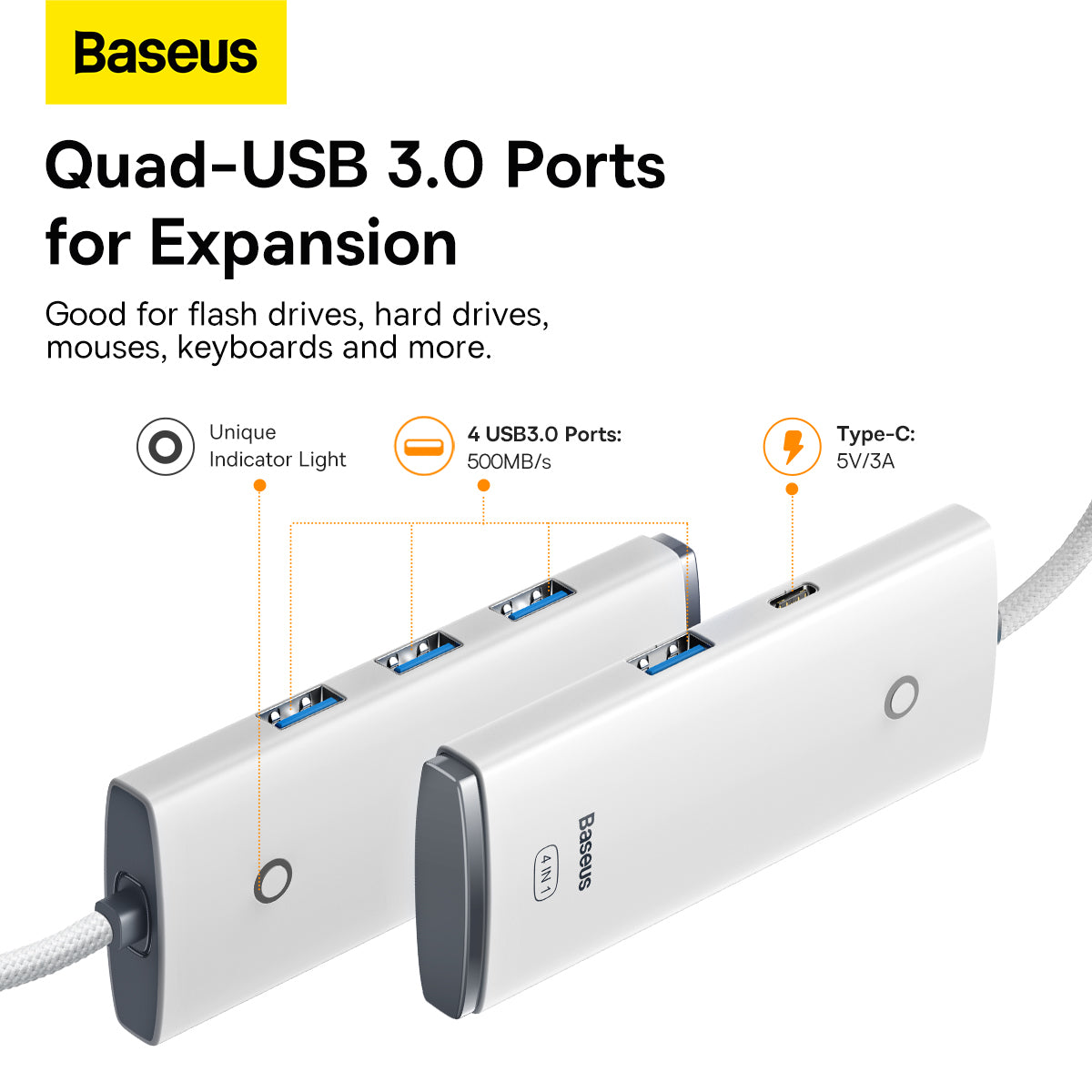 USB-C-hubb från Baseus Lite, 4 x USB-A 3.2, 2m, Vit