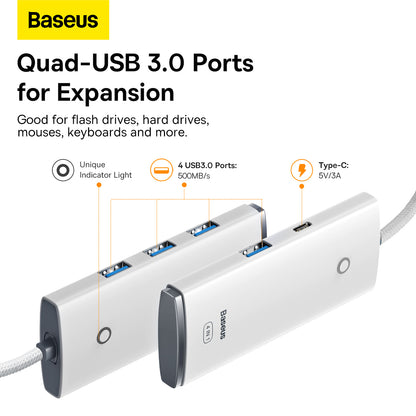 USB-C-hubb från Baseus Lite, 4 x USB-A 3.2, 2m, Vit