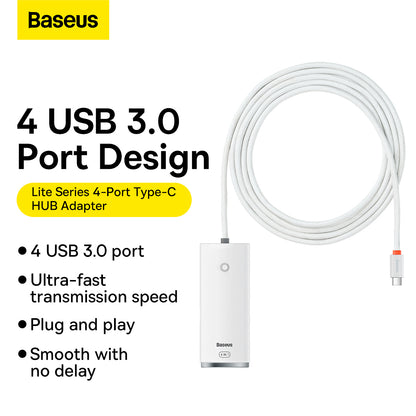 USB-C-hubb från Baseus Lite, 4 x USB-A 3.2, 2m, Vit