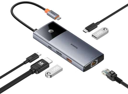 USB-C-hubb Baseus Metal Gleam II, 2 x USB-A - 2 x USB-C - 1 x HDMI - 1 x RJ45, Grå B00061802813-00