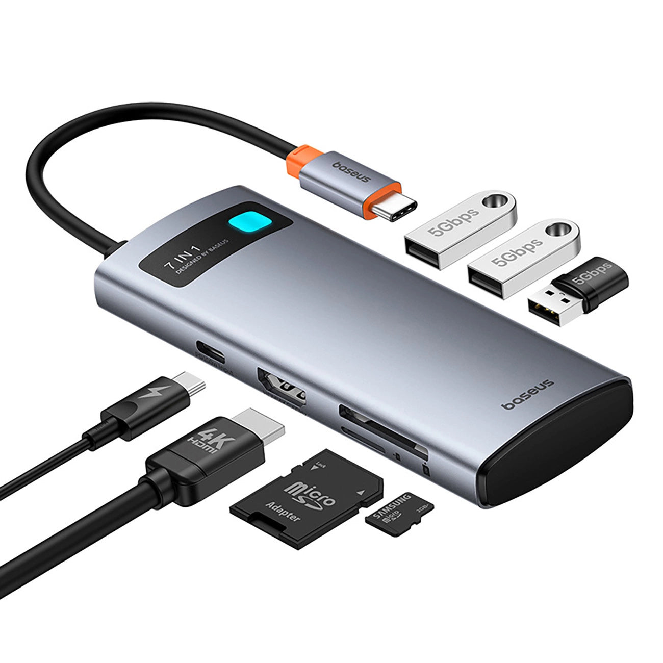 Hub USB-C Baseus Metal Gleam, 3 x USB-A 3.0 - 1 x USB-C - 1 x HDMI - 1 x SD - 1 x microSD, Grå B00030708811-01
