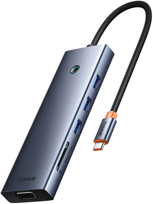 USB-C-hubb Baseus UltraJoy, 3 x USB-A 3.0 - 1 x USB-C - 1 x HDMI - 1 x VGA - 1 x 3,5 mm Jack - 1 x RJ45 - 1 x SD - 1 x microSD, Grå B0005280C811-00