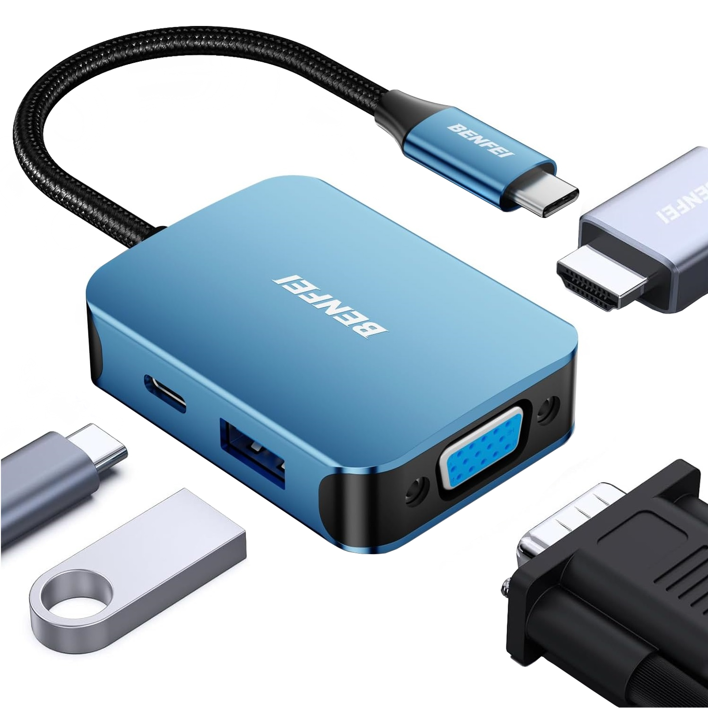 Benfei USB-C-hubb, 1 x USB-A 3.0 - 1 x USB-C - 1 x HDMI - 1 x VGA, Blå