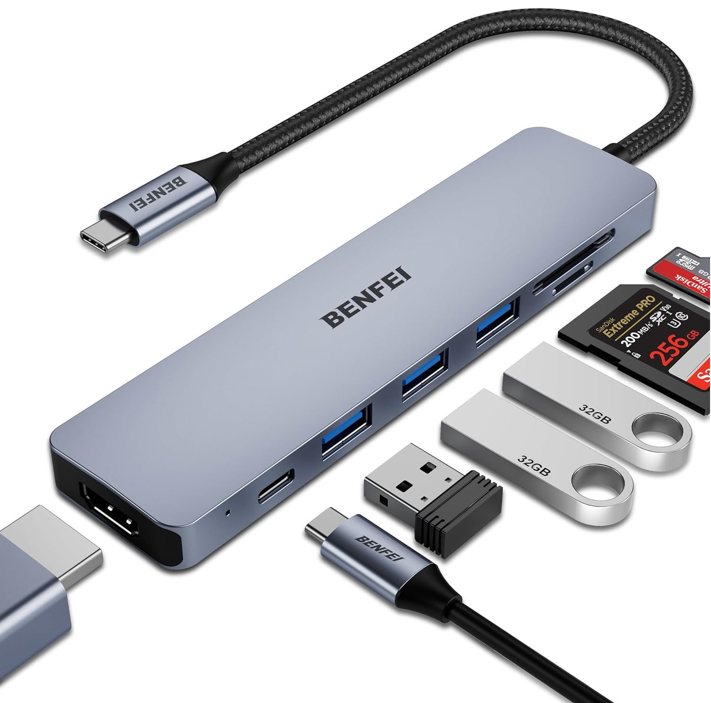 USB-C-hubb Benfei, 3 x USB-A 3.0 - 1 x USB-C - 1 x HDMI - 1 x SD - 1 x microSD, Grå