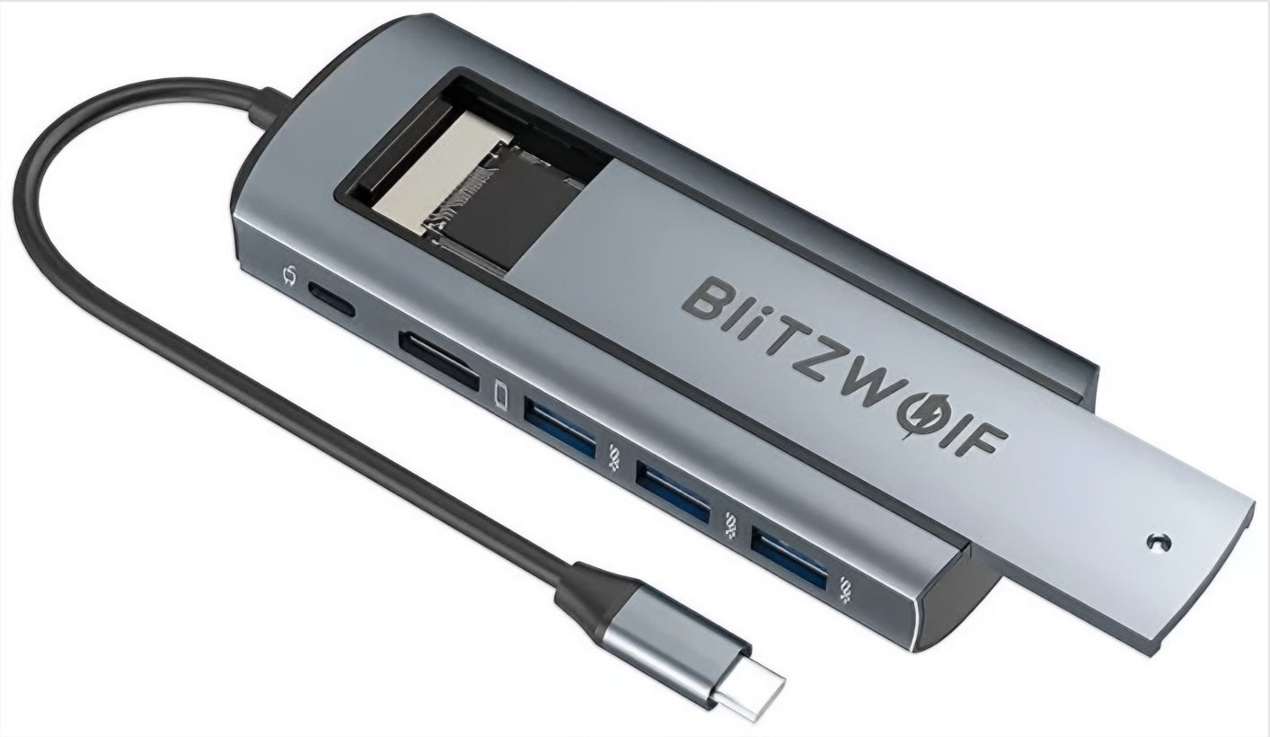Hub USB-C BlitzWolf BW-Neo TH13, 3 x USB-A 3.0 - 1 x USB-C - 1 x Display Port - 1 x SSD-gränssnitt, Grå