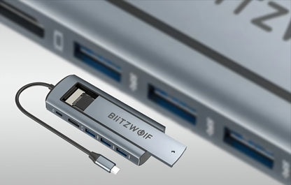 Hub USB-C BlitzWolf BW-Neo TH13, 3 x USB-A 3.0 - 1 x USB-C - 1 x Display Port - 1 x SSD-gränssnitt, Grå