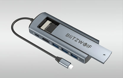 Hub USB-C BlitzWolf BW-Neo TH13, 3 x USB-A 3.0 - 1 x USB-C - 1 x Display Port - 1 x SSD-gränssnitt, Grå