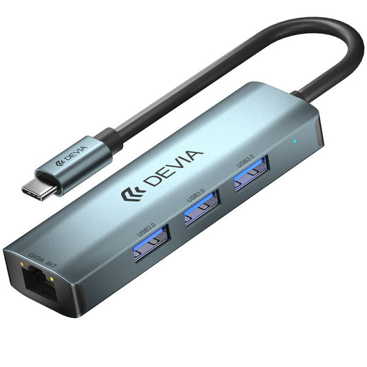 Hub USB-C DEVIA EC621, 3 x USB-A 3.0 - 1 x RJ45, Grå