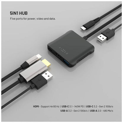 Hub USB-C Fixed Quadri, 5in1, Svart