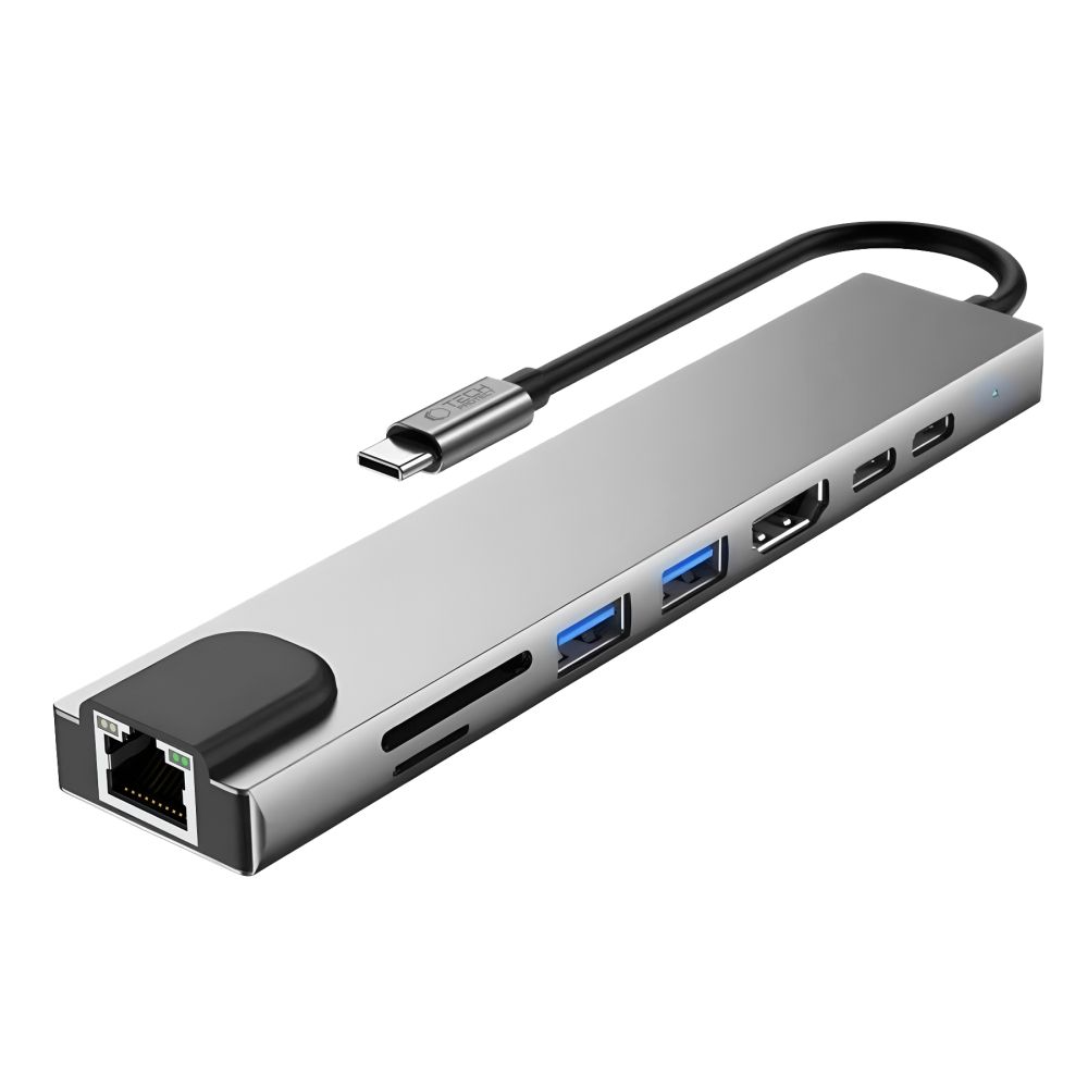 USB-C-hubb Tech-Protect HB09, 2 x USB-A 3.0 - 2 x USB-C - 1 x HDMI - 1 x RJ45 - 1 x SD - 1 x microSD, Grå