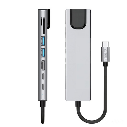 USB-C-hubb Tech-Protect HB09, 2 x USB-A 3.0 - 2 x USB-C - 1 x HDMI - 1 x RJ45 - 1 x SD - 1 x microSD, Grå