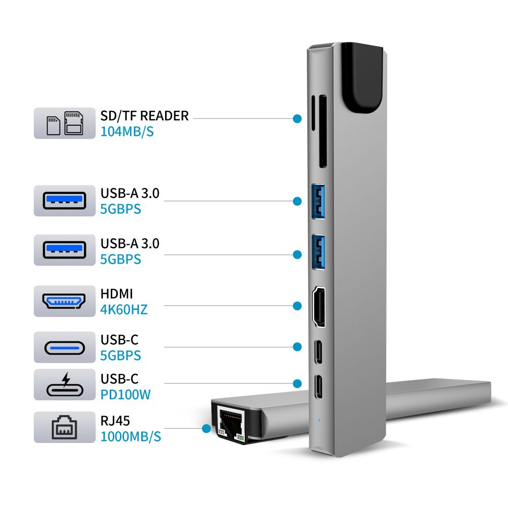 USB-C-hubb Tech-Protect HB09, 2 x USB-A 3.0 - 2 x USB-C - 1 x HDMI - 1 x RJ45 - 1 x SD - 1 x microSD, Grå
