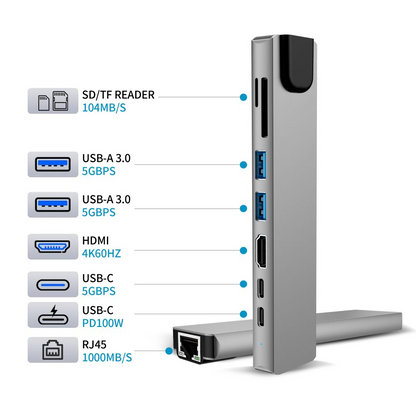 USB-C-hubb Tech-Protect HB09, 2 x USB-A 3.0 - 2 x USB-C - 1 x HDMI - 1 x RJ45 - 1 x SD - 1 x microSD, Grå