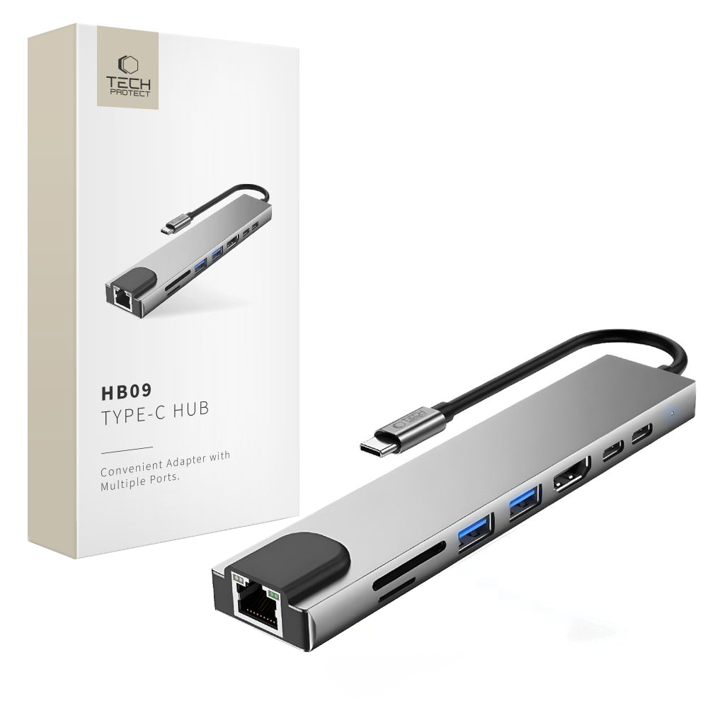 USB-C-hubb Tech-Protect HB09, 2 x USB-A 3.0 - 2 x USB-C - 1 x HDMI - 1 x RJ45 - 1 x SD - 1 x microSD, Grå