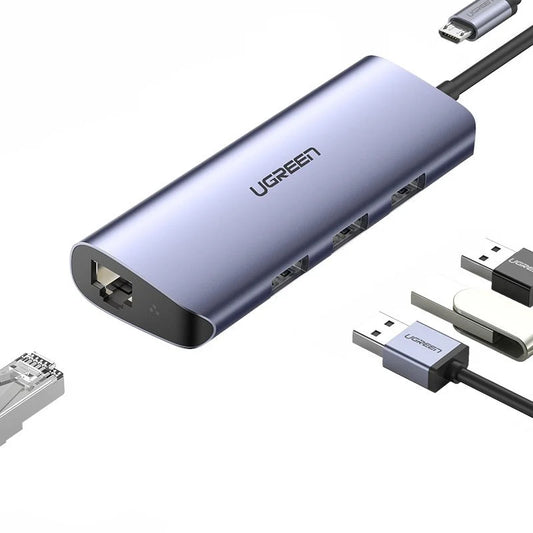 Hub USB-C UGREEN CM252, 3 x USB-A 3.0 - 1 x USB-C - RJ45, Grå