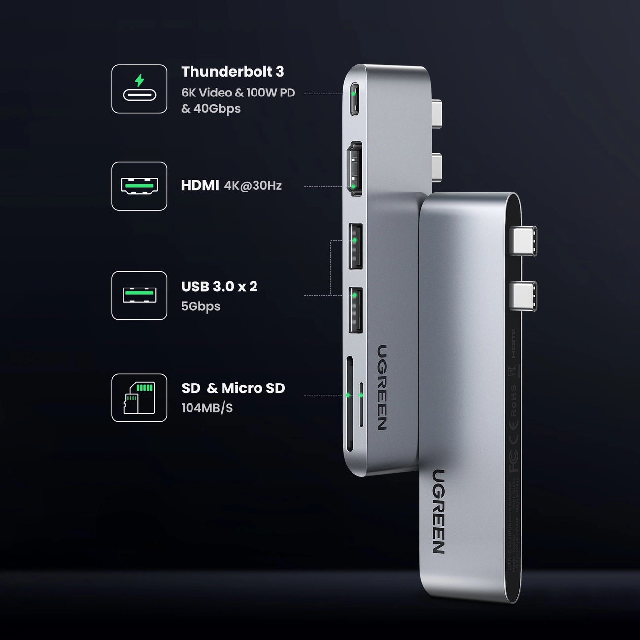 USB-C-hubb UGREEN CM380 (80856) för Apple MacBook Pro / Air-serien, 2 x USB-A 3.0 - 1 x USB-C - 1 x HDMI - 1 x SD - 1 x microSD